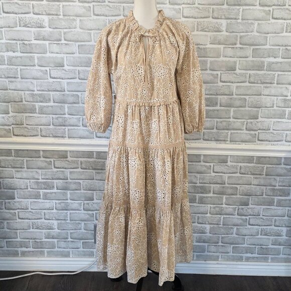 Chicos Cotton Eyelet Tiered Maxi Dress Long Bishop Sleeve Cottage Prairie Med - Picture 1 of 9